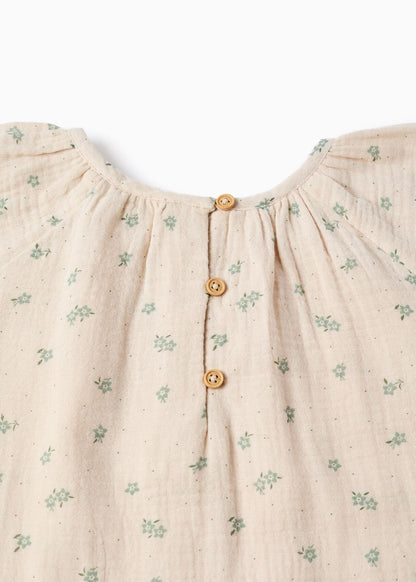 Vestido de algodão com motivo floral B&S para menina, bege/verde