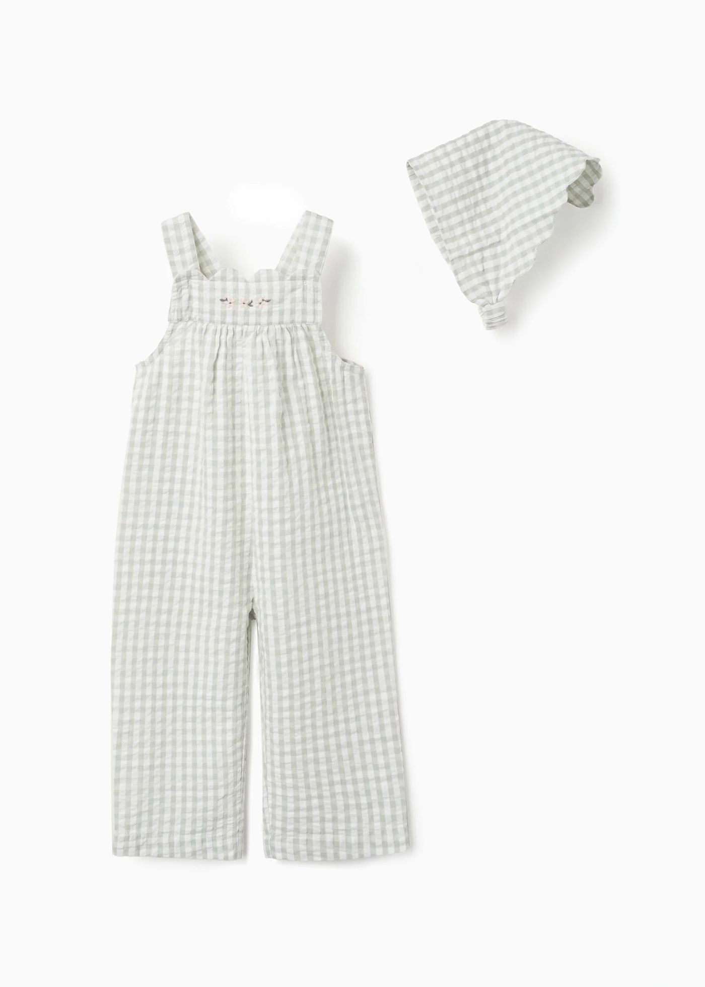 Macacão + touca com padrão Vichy B&S para bebé menina, branco/verde