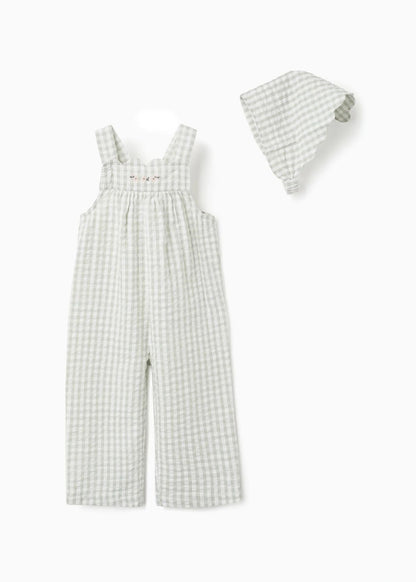 Macacão + touca com padrão Vichy B&S para bebé menina, branco/verde