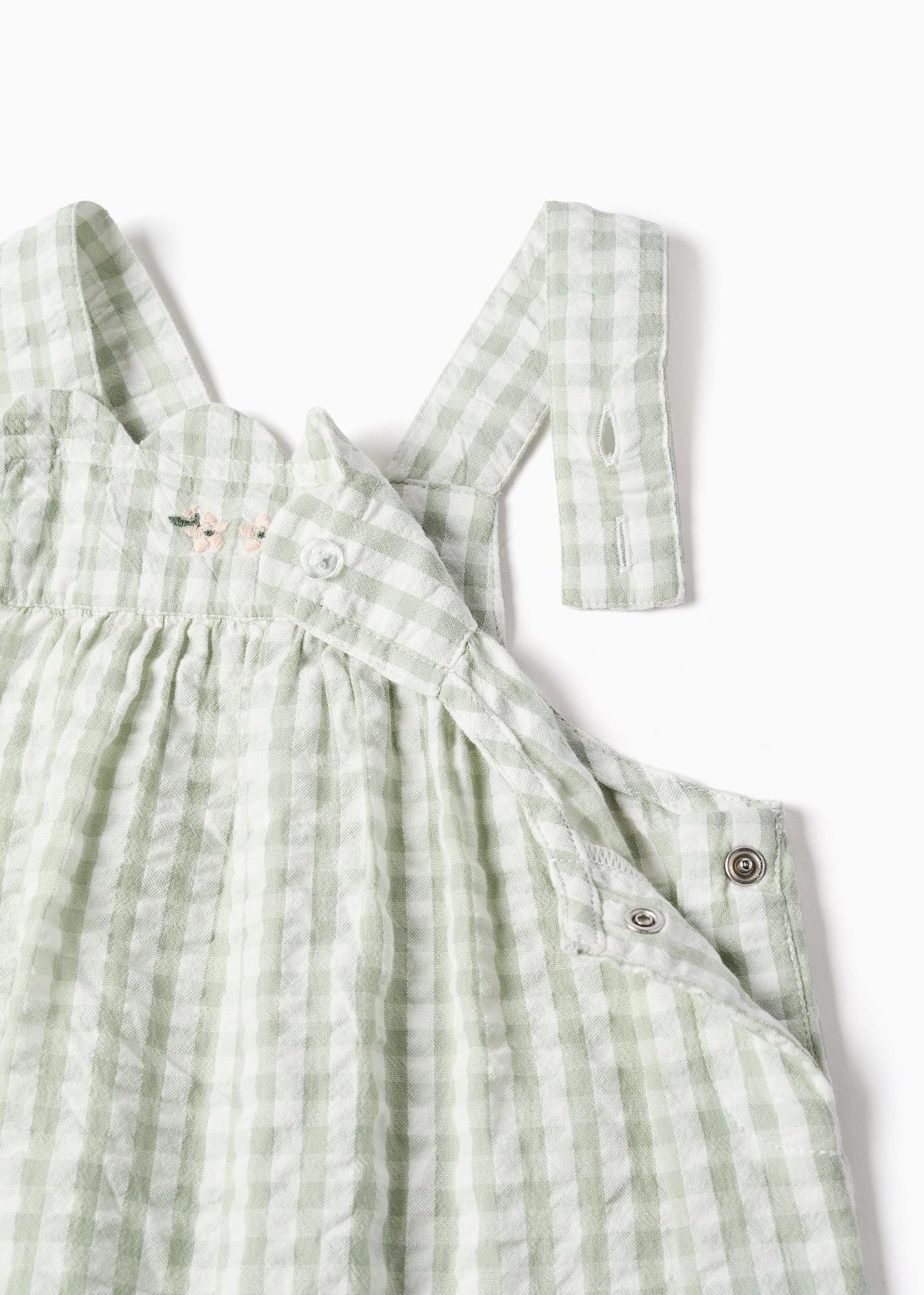 Macacão + touca com padrão Vichy B&S para bebé menina, branco/verde