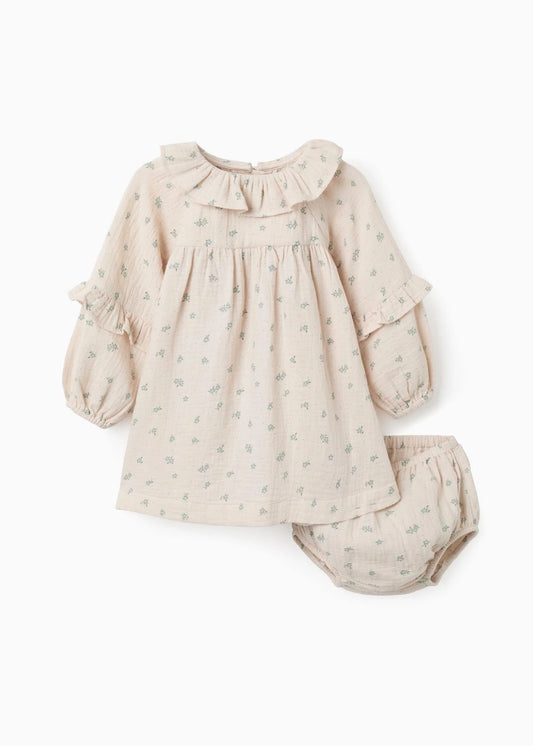 Vestido floral + tapa-fraldas de algodão B&S para bebé menina, bege/verde