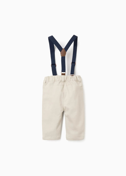 Calças de sarja com suspensórios amovíveis para recém-nascido, bege-claro