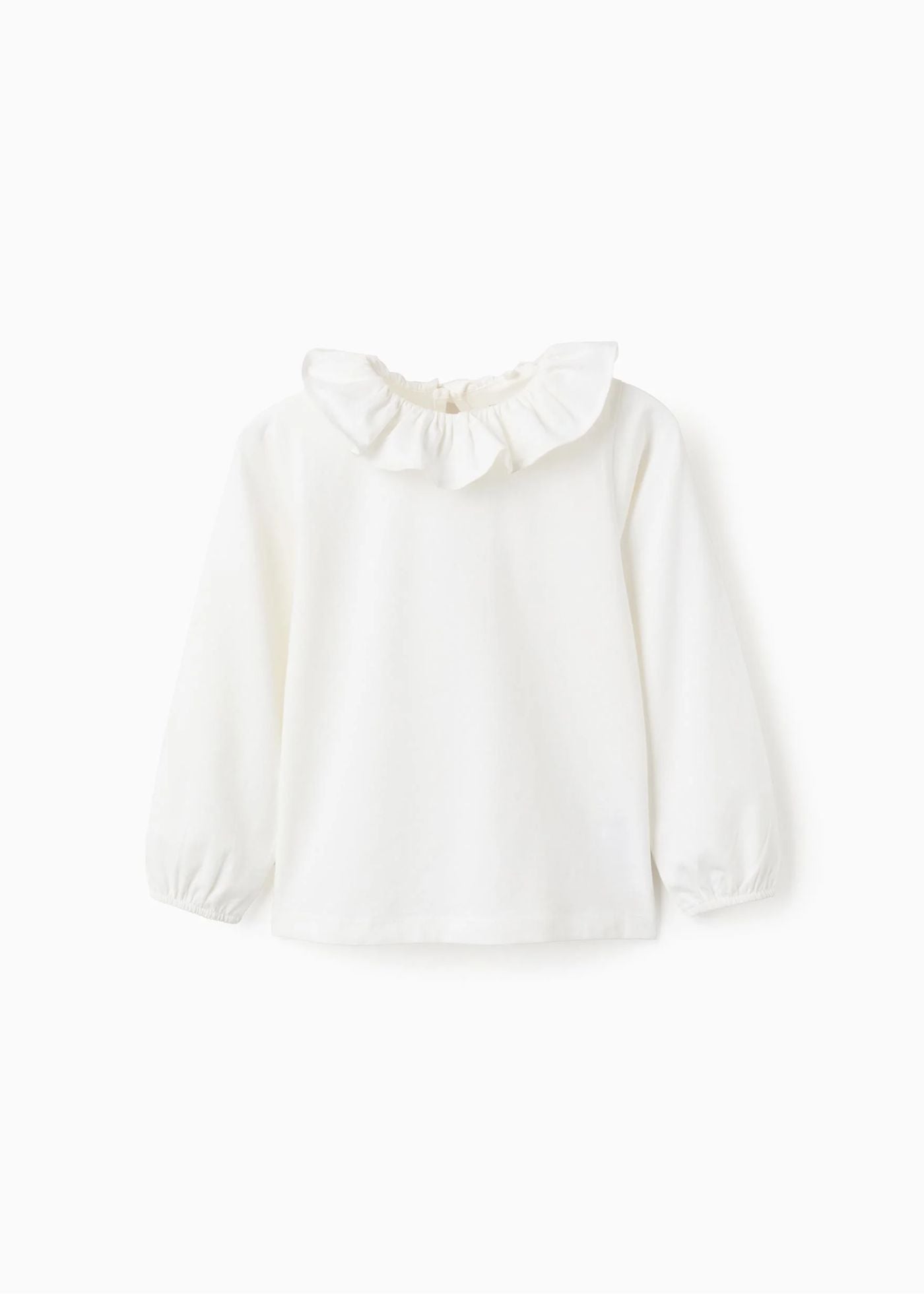 T-shirt de Manga Comprida com Gola de Folhos para Menina, Branco