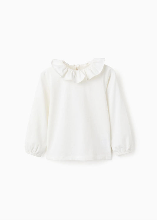 T-shirt de Manga Comprida com Gola de Folhos para Menina, Branco