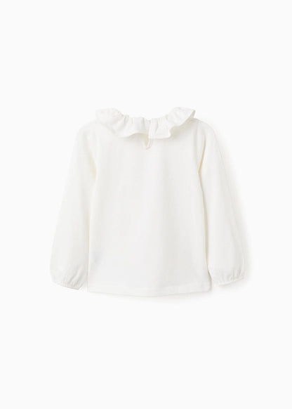 T-shirt de Manga Comprida com Gola de Folhos para Menina, Branco