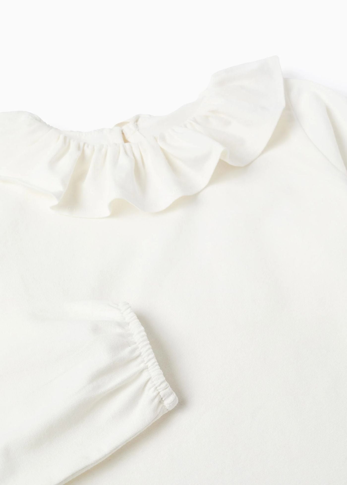T-shirt de Manga Comprida com Gola de Folhos para Menina, Branco