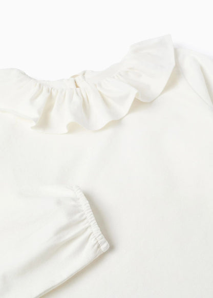 T-shirt de Manga Comprida com Gola de Folhos para Menina, Branco