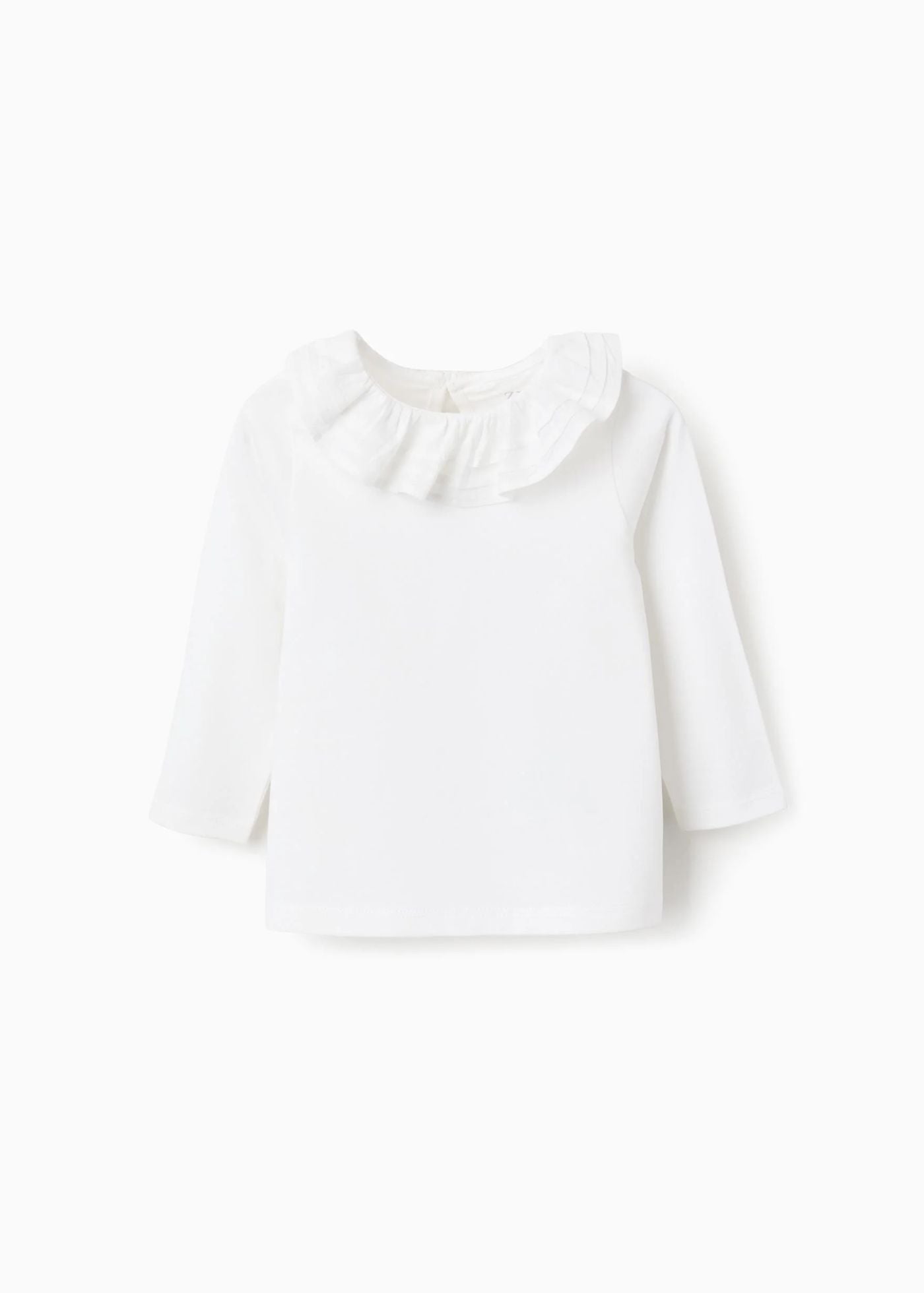 T-Shirt de Manga Comprida com Gola de Folhos para Bebé Menina, Branco