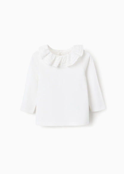 T-Shirt de Manga Comprida com Gola de Folhos para Bebé Menina, Branco