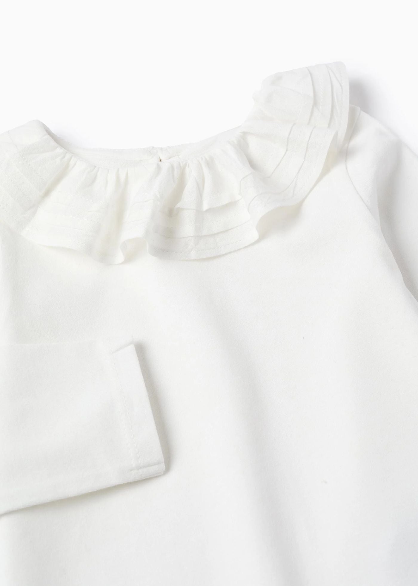 T-Shirt de Manga Comprida com Gola de Folhos para Bebé Menina, Branco
