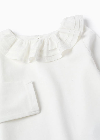 T-Shirt de Manga Comprida com Gola de Folhos para Bebé Menina, Branco