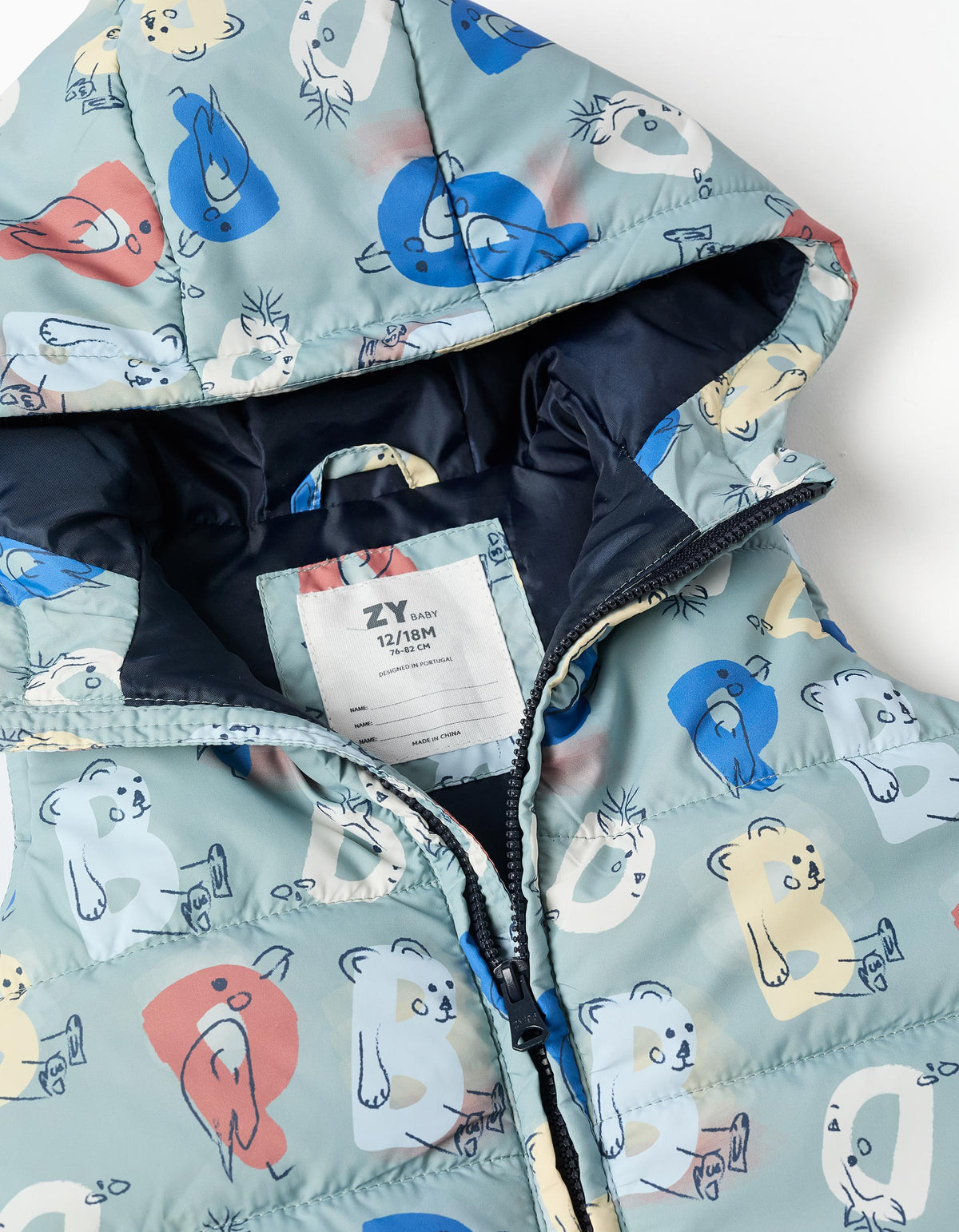 Colete acolchoado com capuz e letras estampadas para bebé menino, verde