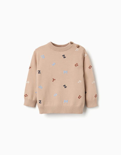 Camisola de malha com letras bordadas para bebé menino, bege