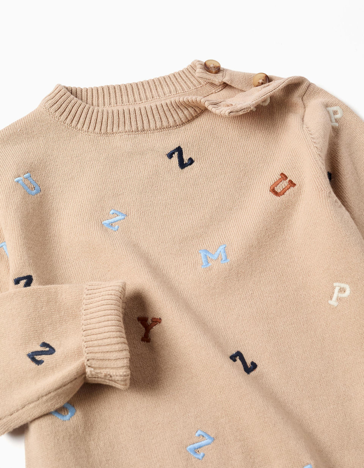 Camisola de malha com letras bordadas para bebé menino, bege