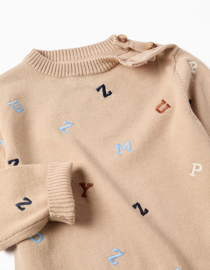 Camisola de malha com letras bordadas para bebé menino, bege