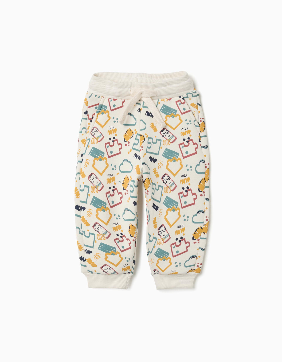 Calças de treino cardadas com estampado colorido para bebé menino, branco