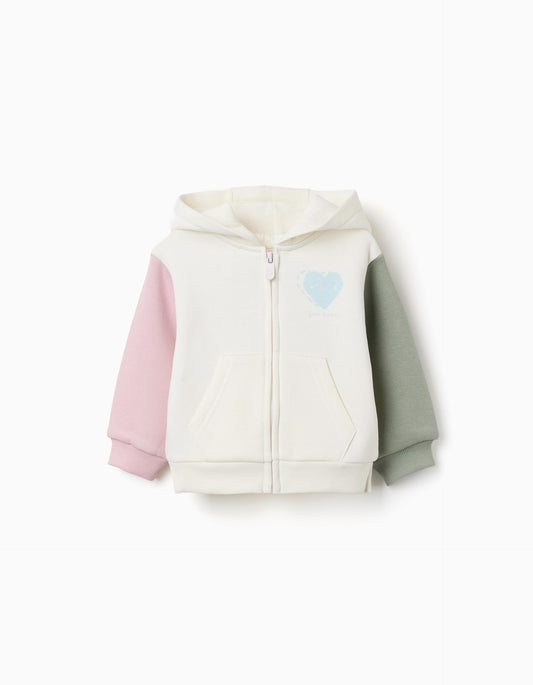 Casaco cardado com capuz e corações para bebé menina, branco/rosa/verde