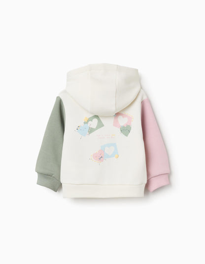 Casaco cardado com capuz e corações para bebé menina, branco/rosa/verde