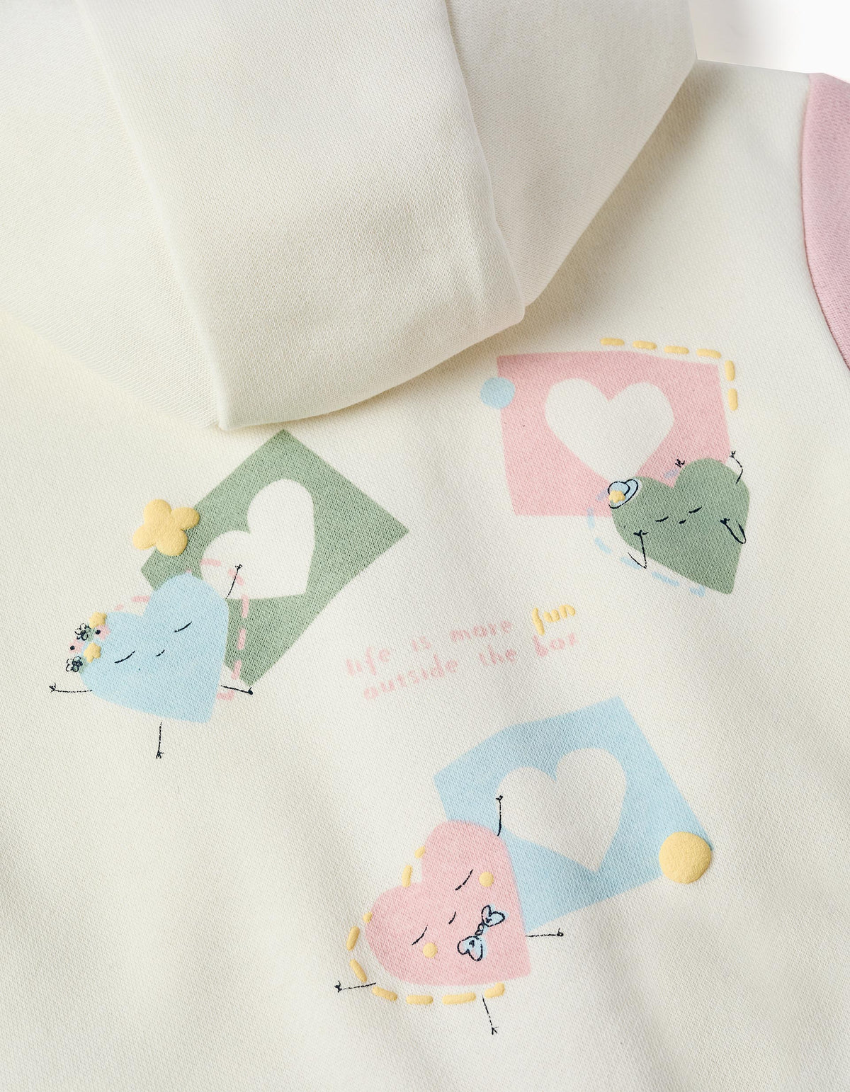 Casaco cardado com capuz e corações para bebé menina, branco/rosa/verde