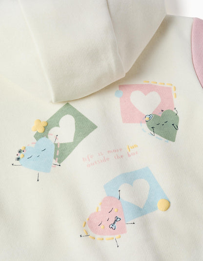 Casaco cardado com capuz e corações para bebé menina, branco/rosa/verde