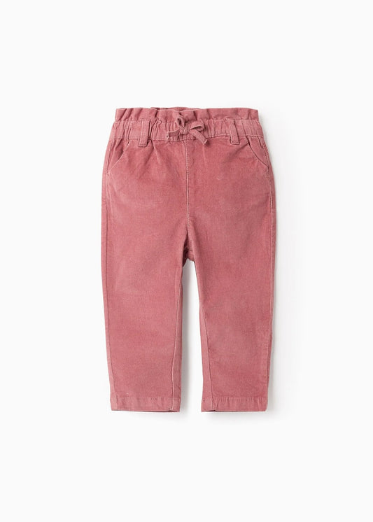 Calças de Bombazine com Cintura Paperbag para Bebé Menina, Rosa