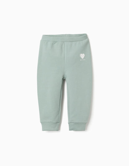 Calças cardadas com coração estampado para bebé menina, verde-claro