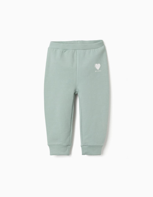 Calças cardadas com coração estampado para bebé menina, verde-claro