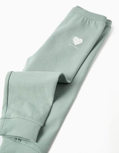 Calças cardadas com coração estampado para bebé menina, verde-claro