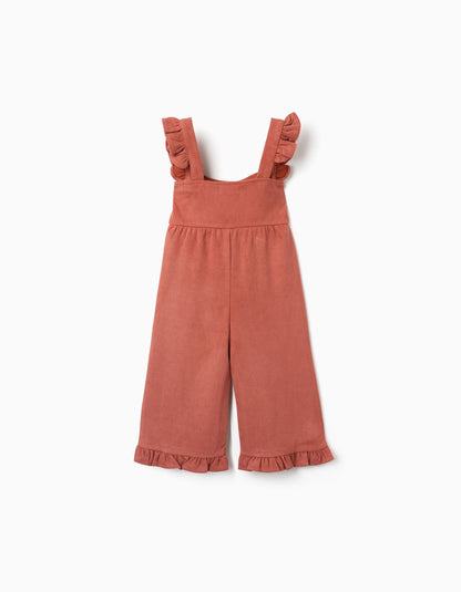 Jardineiras wide leg com folhos para bebé menina, terracota