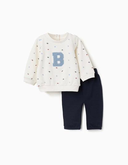 Conjunto cardado com bordado bouclé para recém-nascido, branco/azul