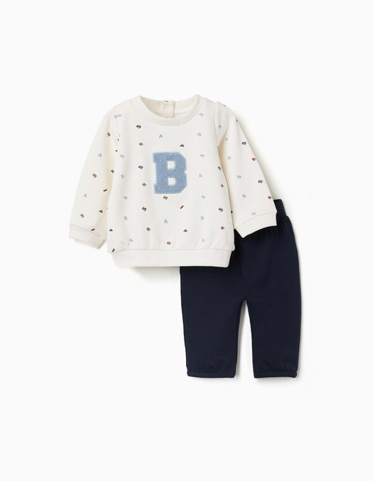 Conjunto cardado com bordado bouclé para recém-nascido, branco/azul