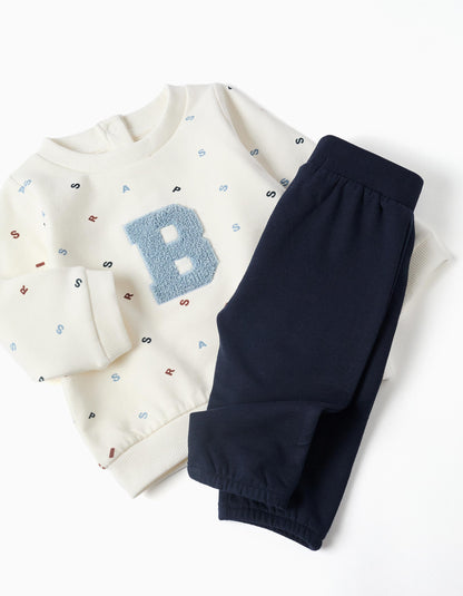 Conjunto cardado com bordado bouclé para recém-nascido, branco/azul