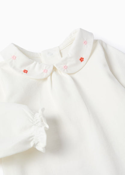 Body de manga comprida com flores e folhos para recém-nascida, branco