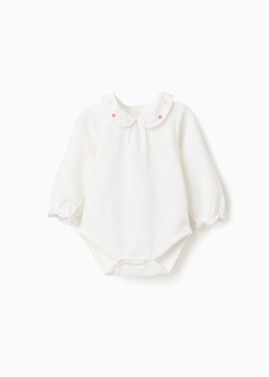 Body de manga comprida com flores e folhos para recém-nascida, branco