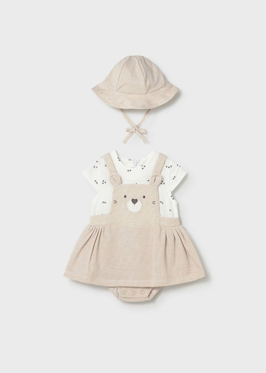 Macacão saia simulado com gorro, bebé menina