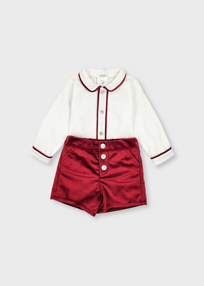 Conjunto bebé menino camisa e calção veludo bordeux